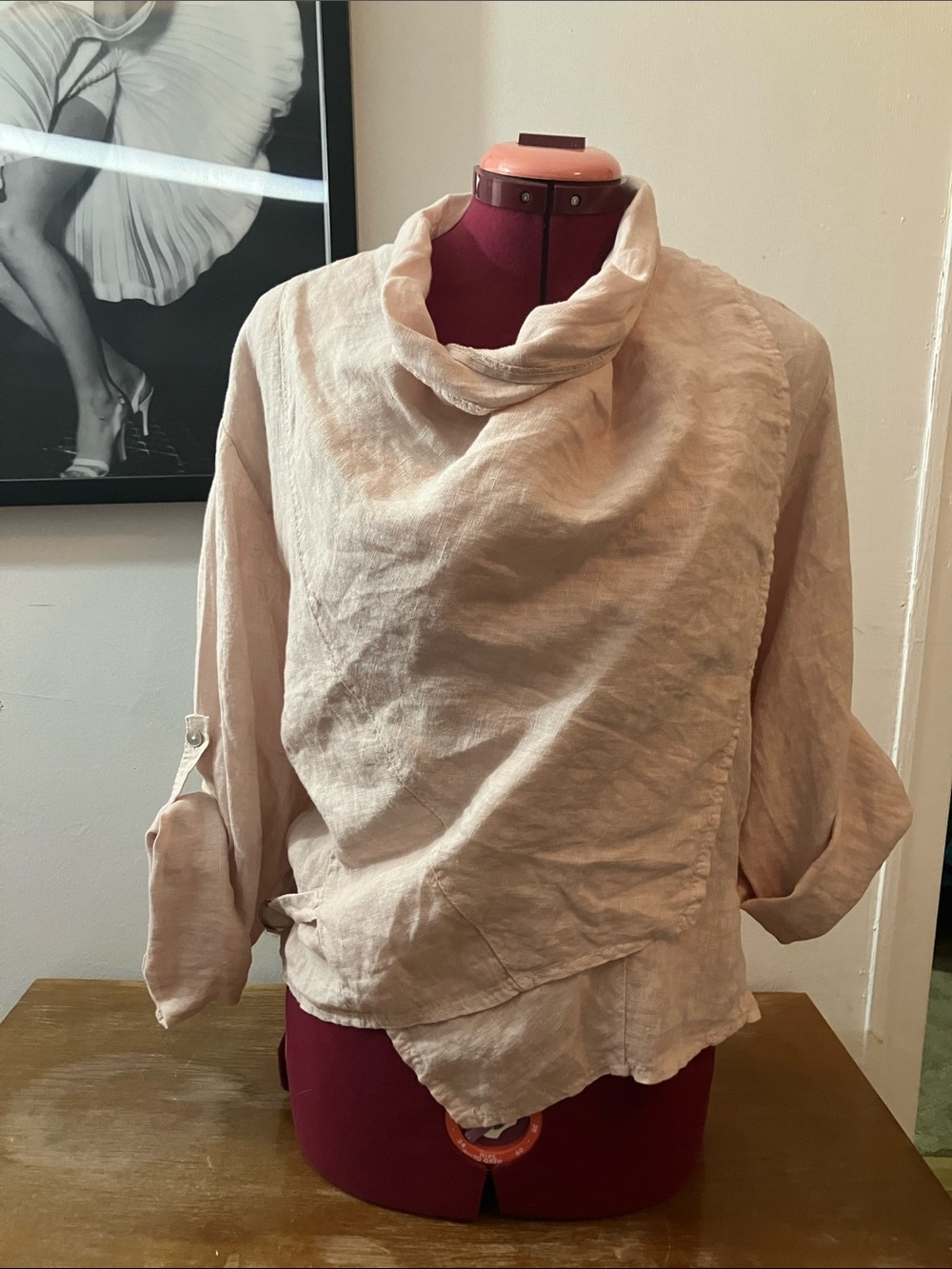 Angela Mara Blush Pink Linen Short Duster NWOT Adjustable Fit Open Front Jacket